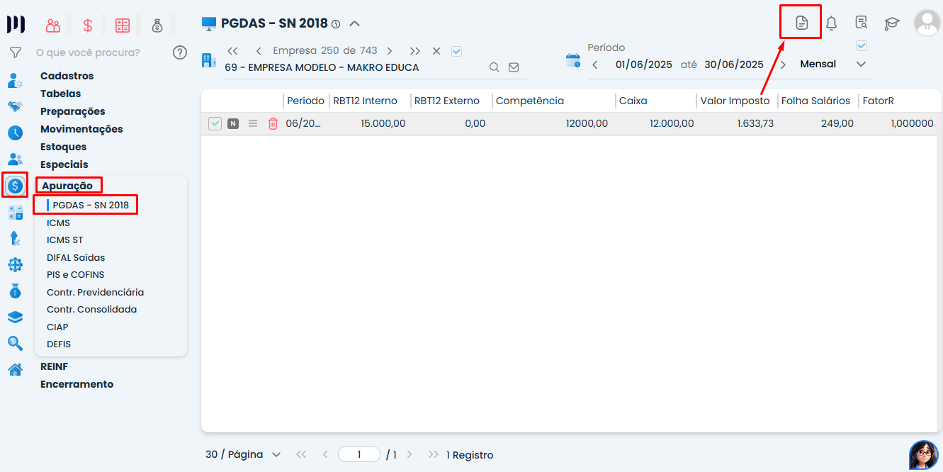 Tela do Sistema Contábil Makro em Fiscal > Apuração > PGDAS SN 2018 para conferência do Valor do Fator R no Simples Nacional.