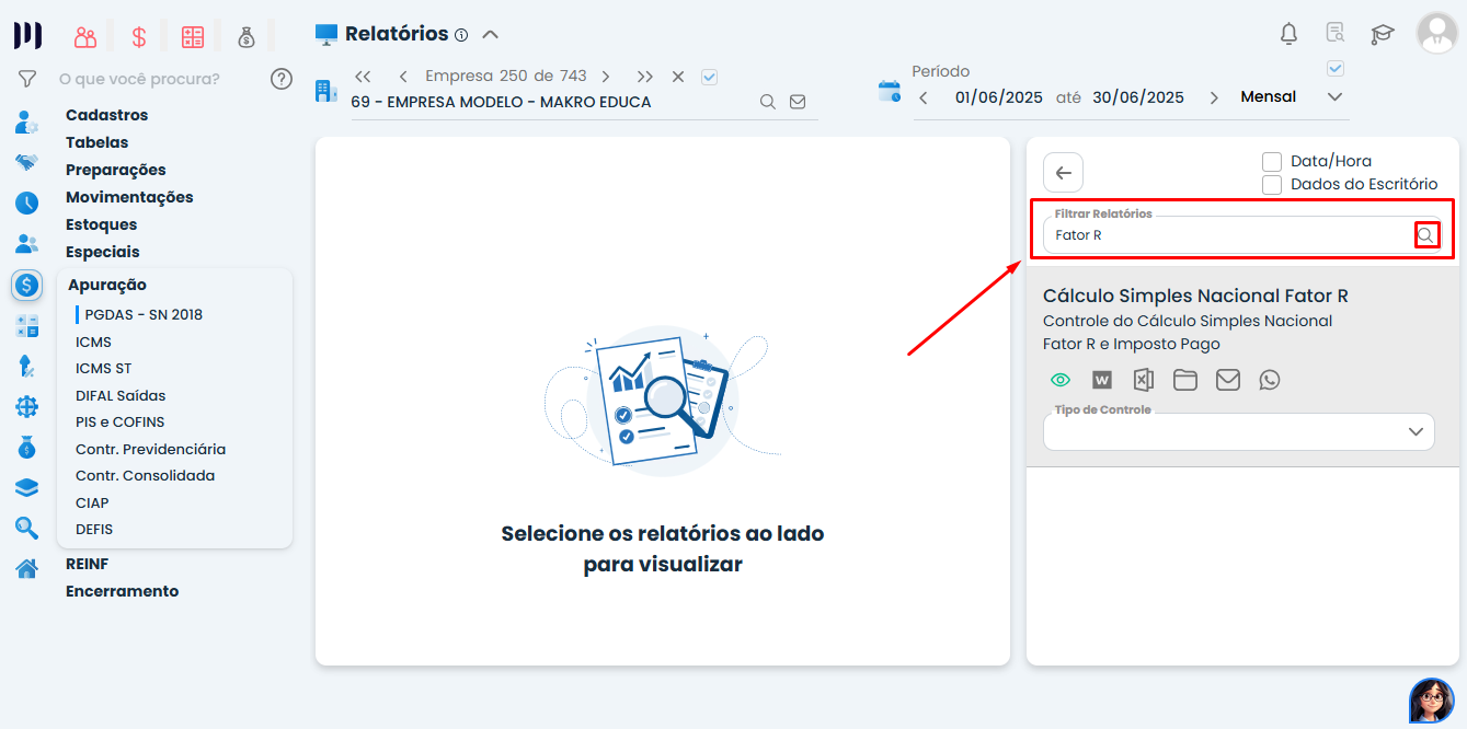 Tela de Relatórios do Sistema Contábil Makro com filtro preenchido para consulta do Valor do Fator R no módulo Fiscal.