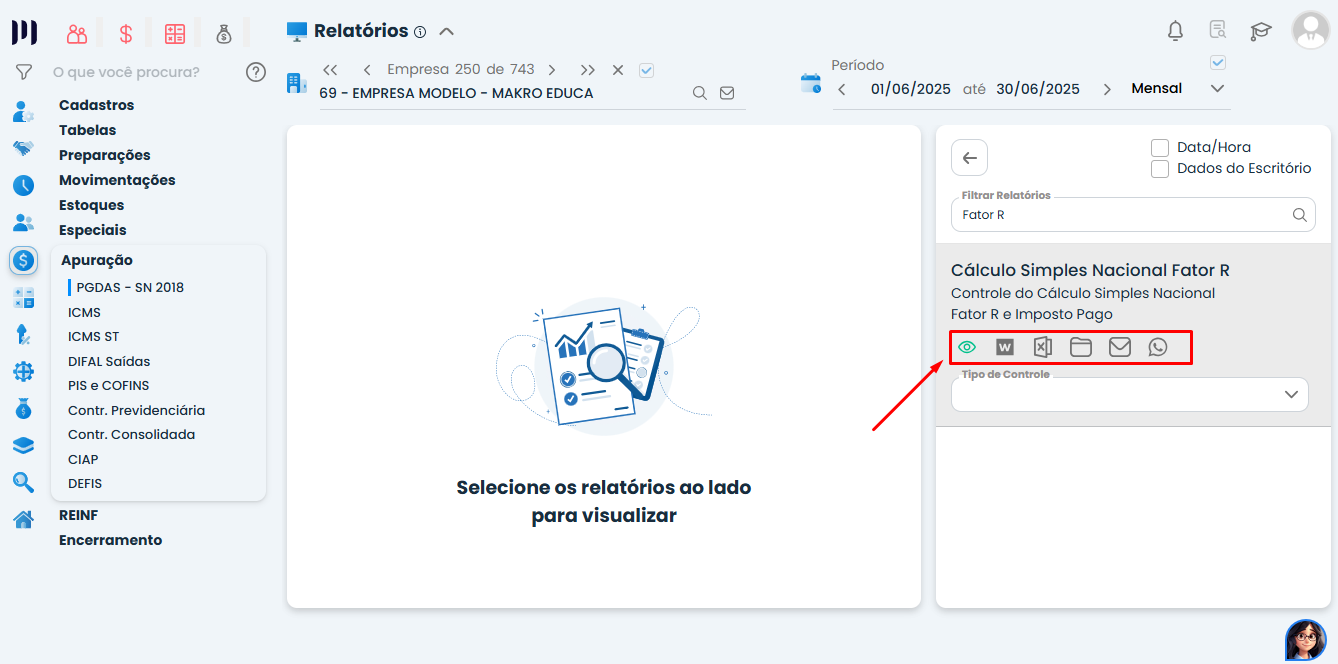 Relatório Cálculo Simples Nacional Fator R no Sistema Contábil Makro com opções de visualização e exportação do Valor do Fator R.