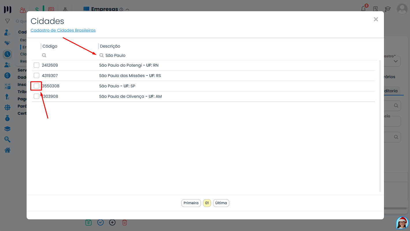 Janela de seleção de cidades no Sistema Contábil Makro exibindo municípios disponíveis, etapa fundamental da Configuração do ISS conforme local correto.