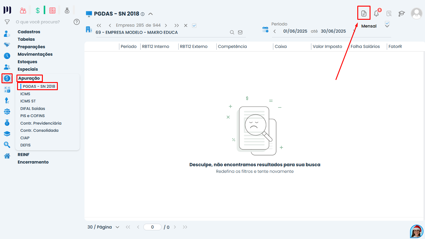 Tela do PGDAS SN 2018 no Sistema Contábil Makro antes da apuração, destacando acesso necessário após Configuração do ISS.