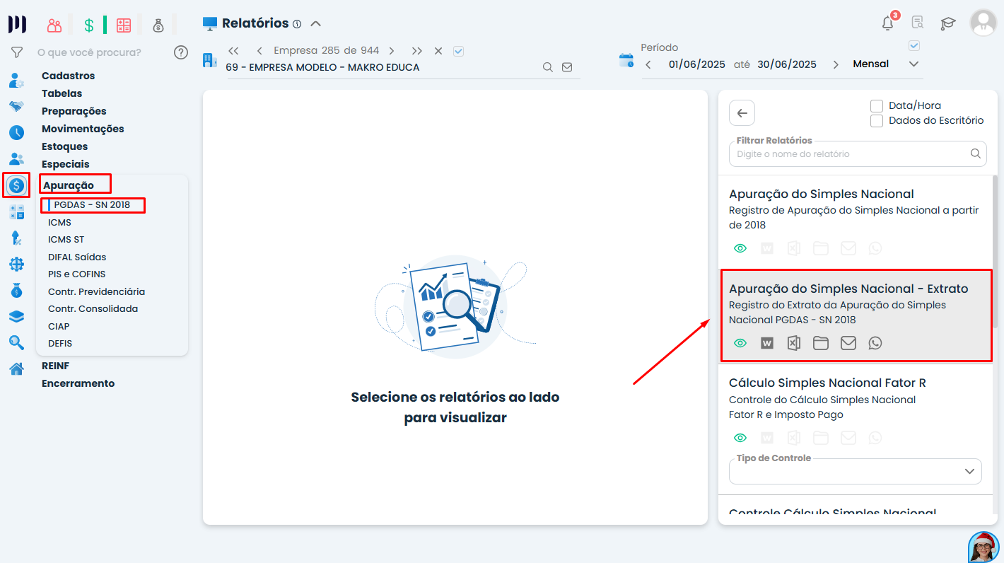 Tela de relatórios do Sistema Contábil Makro com opção Apuração do Simples Nacional – Extrato para validar a Configuração do ISS.