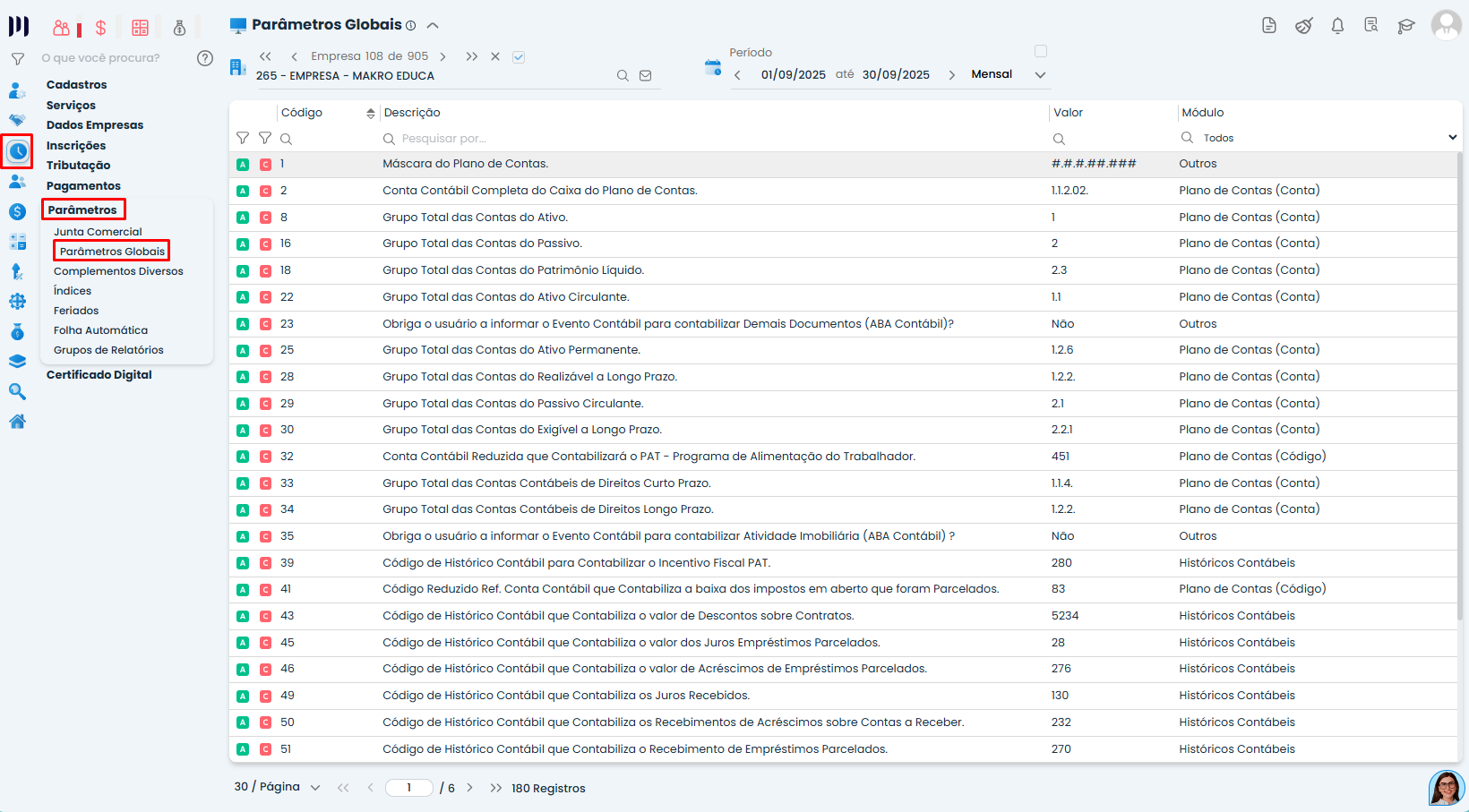 Tela de Parâmetros Globais no Sistema Contábil Makro exibindo menu lateral e listagem para configurar a Contabilização Automática do Pagamento da Folha.
