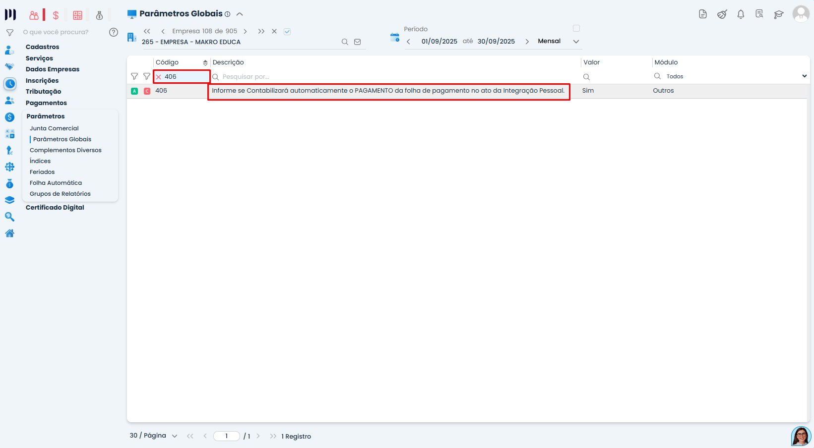 Busca do parâmetro 406 nos Parâmetros Globais do Sistema Contábil Makro para ajustar a Contabilização Automática do Pagamento da Folha.