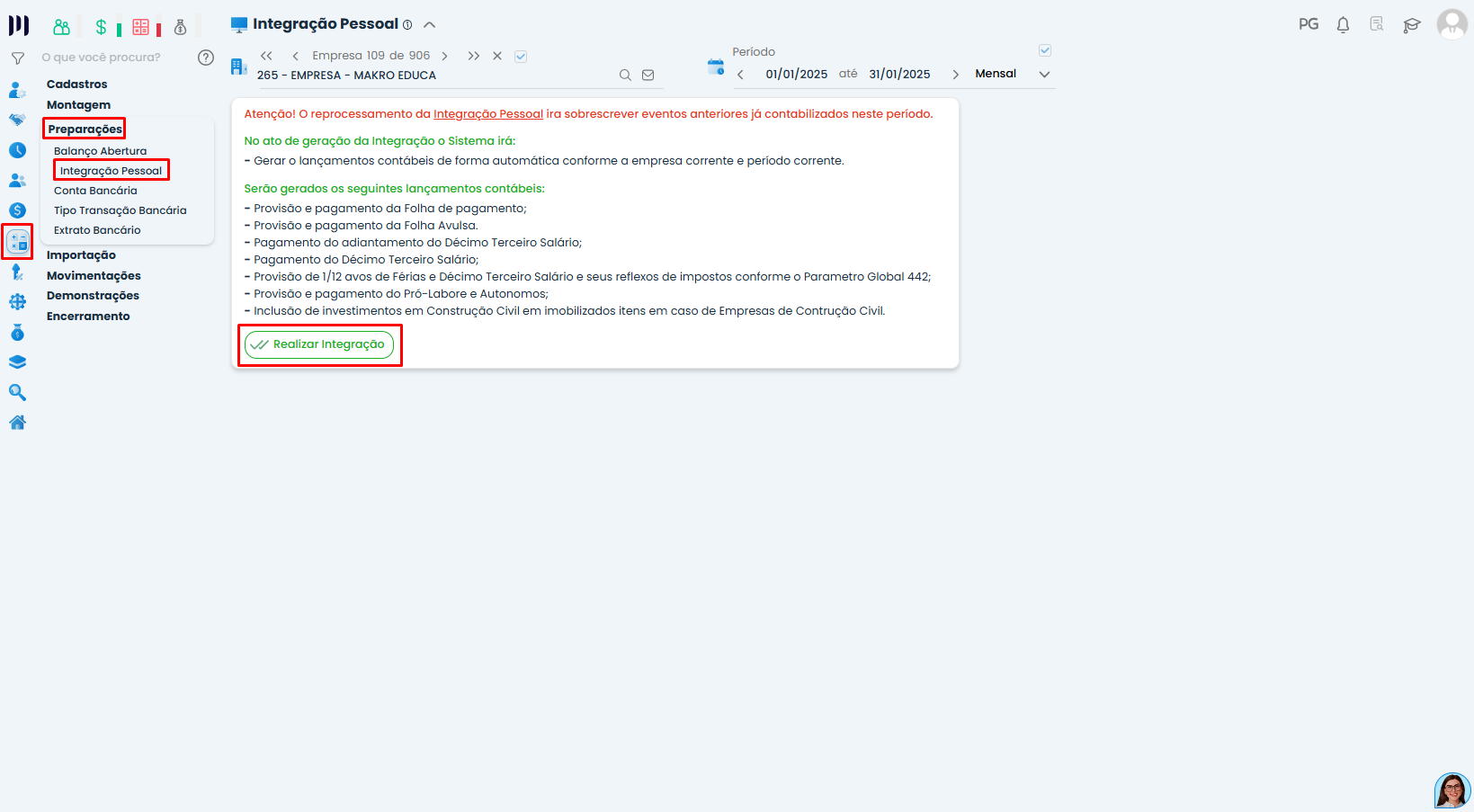 Tela de Integração Pessoal no Sistema Contábil Makro com botão Realizar Integração para aplicar Lançamentos da Folha por Funcionário.