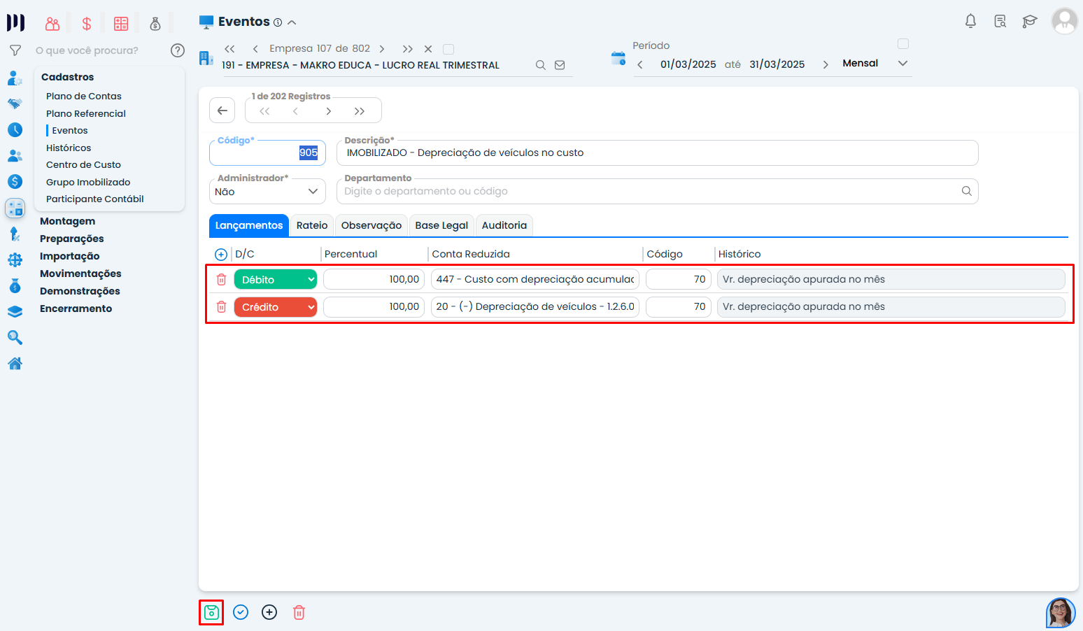 Tela de lançamentos do Sistema Contábil Makro exibindo débito e crédito na Contabilização de Ativos Imobilizados com contas contábeis configuradas.