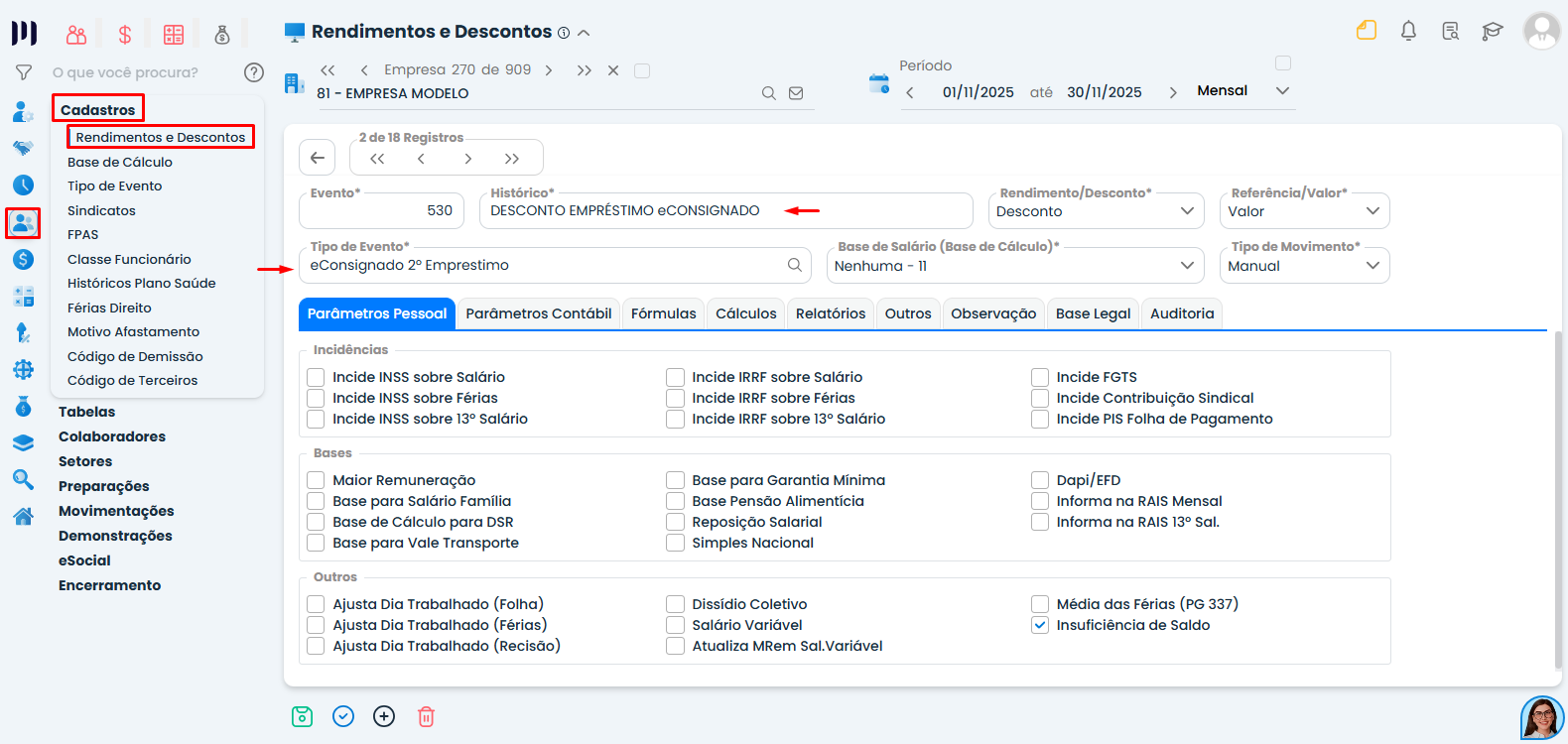 Cadastro de evento no Sistema Contábil Makro com histórico de Empréstimo eConsignado e marcações de incidências, bases e parâmetros.