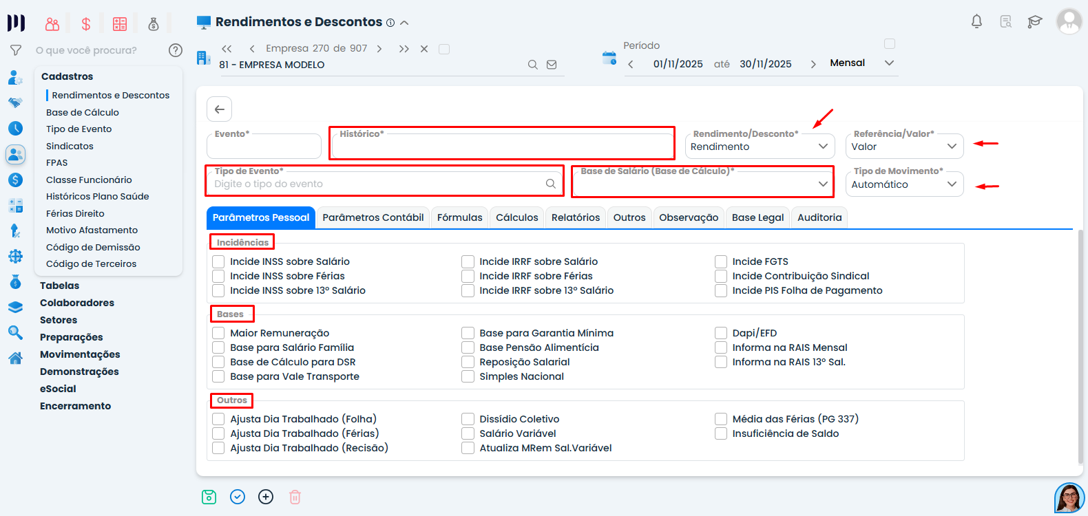 Tela de inclusão de novo evento no Sistema Contábil Makro para cadastrar Empréstimo eConsignado com definição de tipo e movimentação.