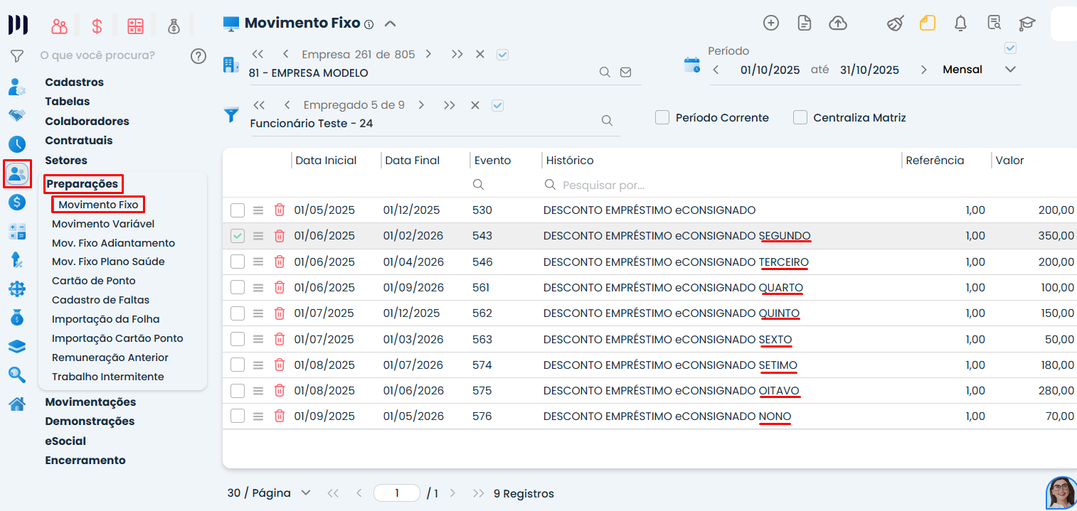 Movimento Fixo no Sistema Contábil Makro exibindo lançamentos de desconto de Empréstimo eConsignado vinculados ao colaborador.