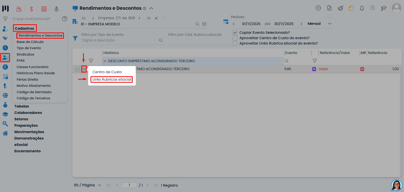 Menu de Centro de Custo e Links Rubricas eSocial no Sistema Contábil Makro relacionado ao Empréstimo eConsignado.