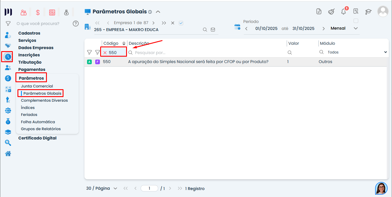 Tela do Sistema Contábil Makro em Parâmetros Globais exibindo o código 550 sobre Apuração do Simples Nacional por CFOP ou produto.