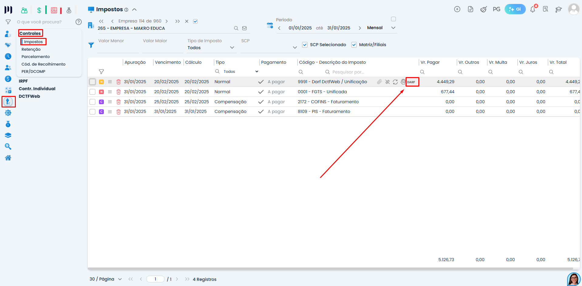 Tela de impostos do Sistema Contábil Makro exibindo a guia de DCTFWeb no sistema e no eCAC, com destaque para opção DARF DCTFWeb e valores calculados.