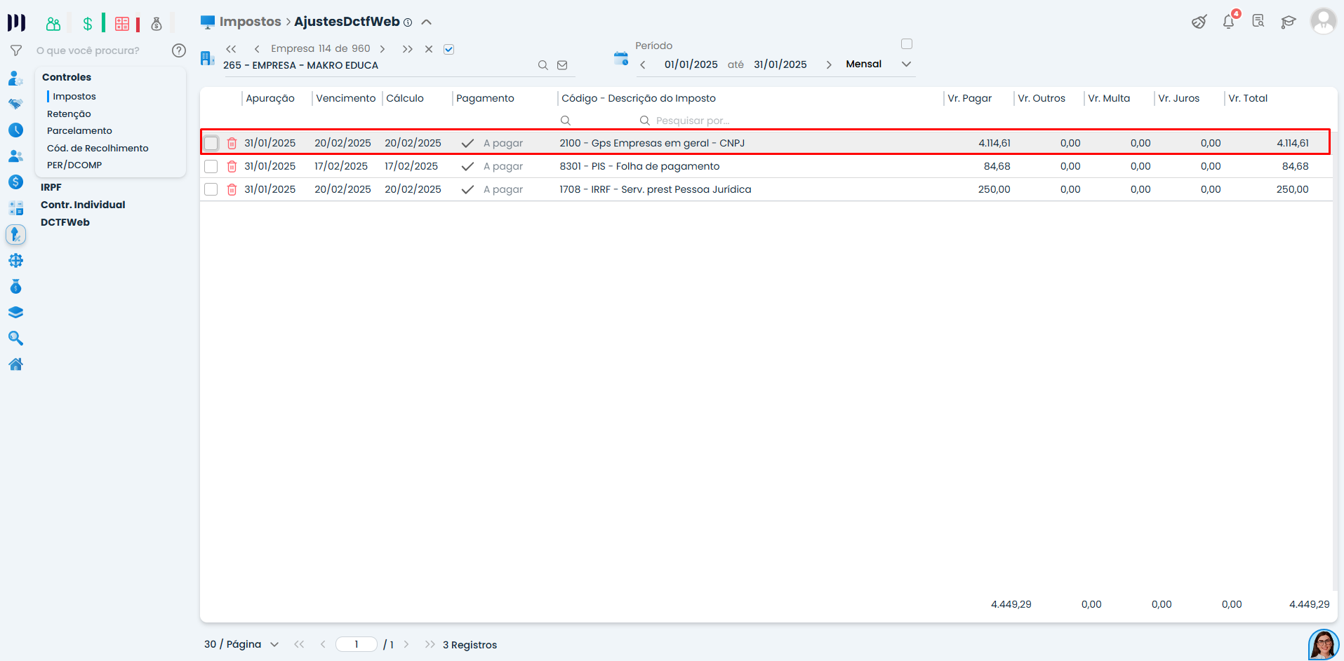 Tela de ajustes da DCTFWeb no Sistema Contábil Makro, apresentando a guia de DCTFWeb no sistema e no eCAC com valores consolidados por tributo.