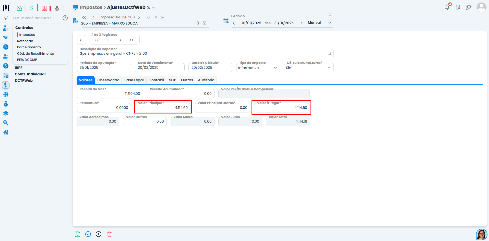 Tela de edição de imposto no Sistema Contábil Makro mostrando a guia de DCTFWeb no sistema e no eCAC, com campos Valor Principal e Valor a Pagar destacados.