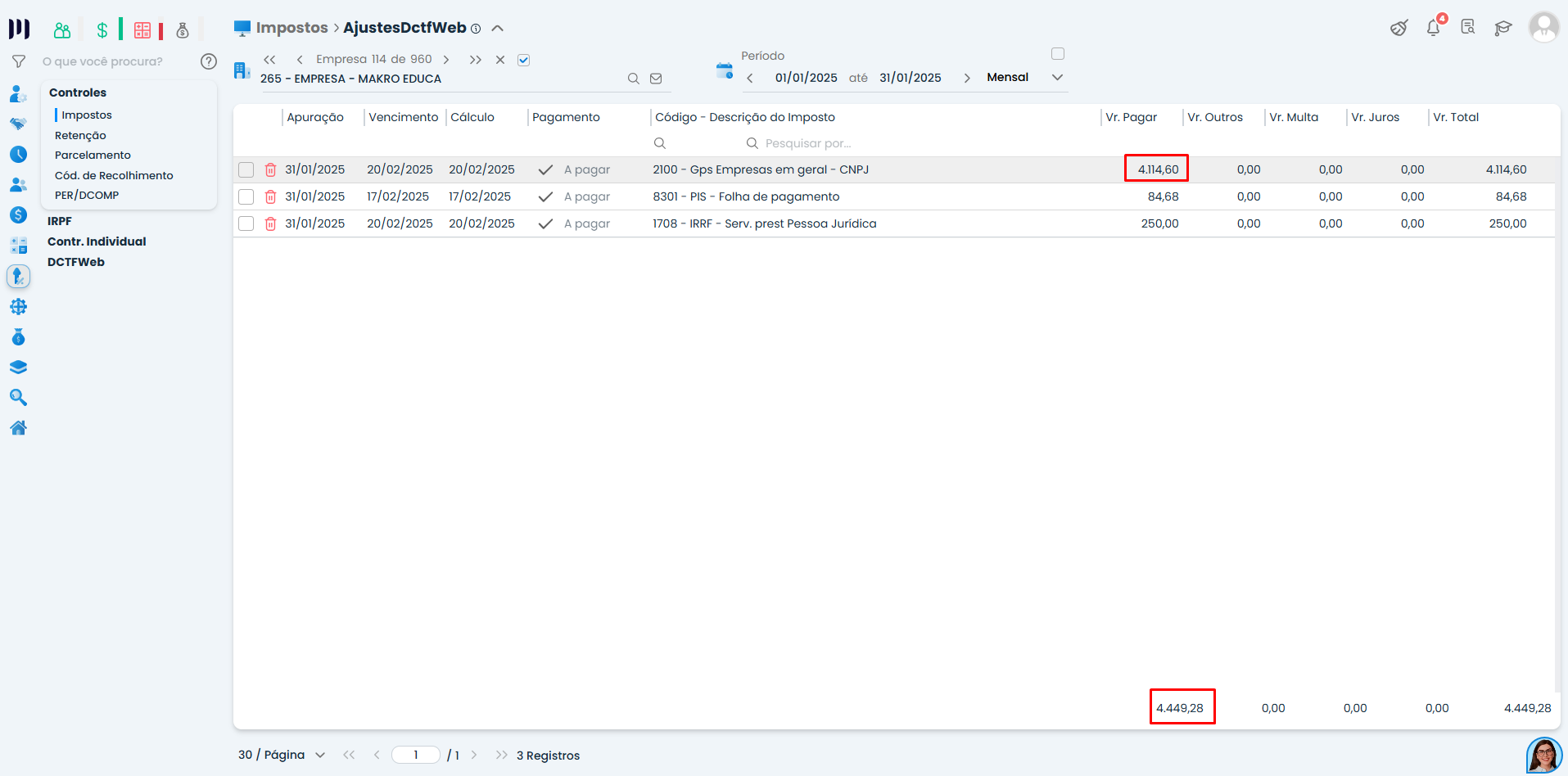Tela de ajustes DCTFWeb no Sistema Contábil Makro evidenciando diferença de centavos na guia de DCTFWeb no sistema e no eCAC após arredondamento.