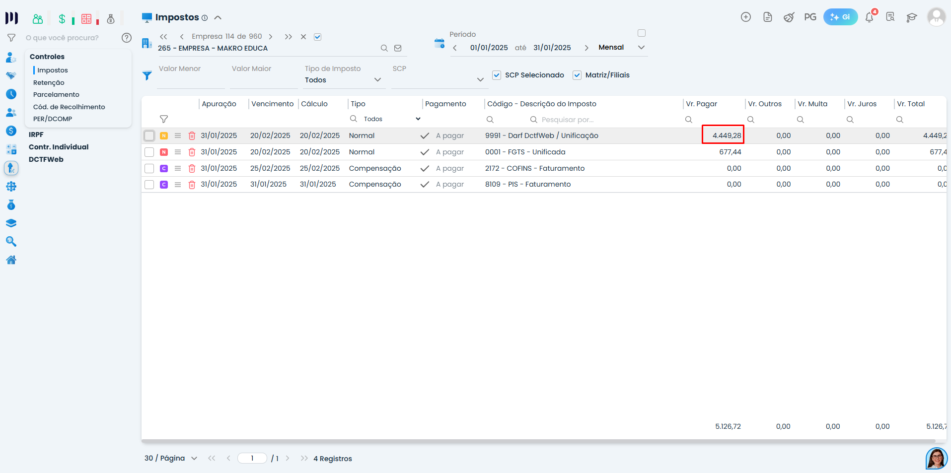 Tela de impostos do Sistema Contábil Makro exibindo a guia de DCTFWeb no sistema e no eCAC com valor final ajustado após correção manual do DARF.