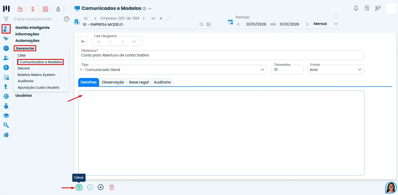 Tela de edição no Sistema Contábil Makro com campo Detalhes aberto para Editar texto de um relatório e botão Salvar em destaque.
