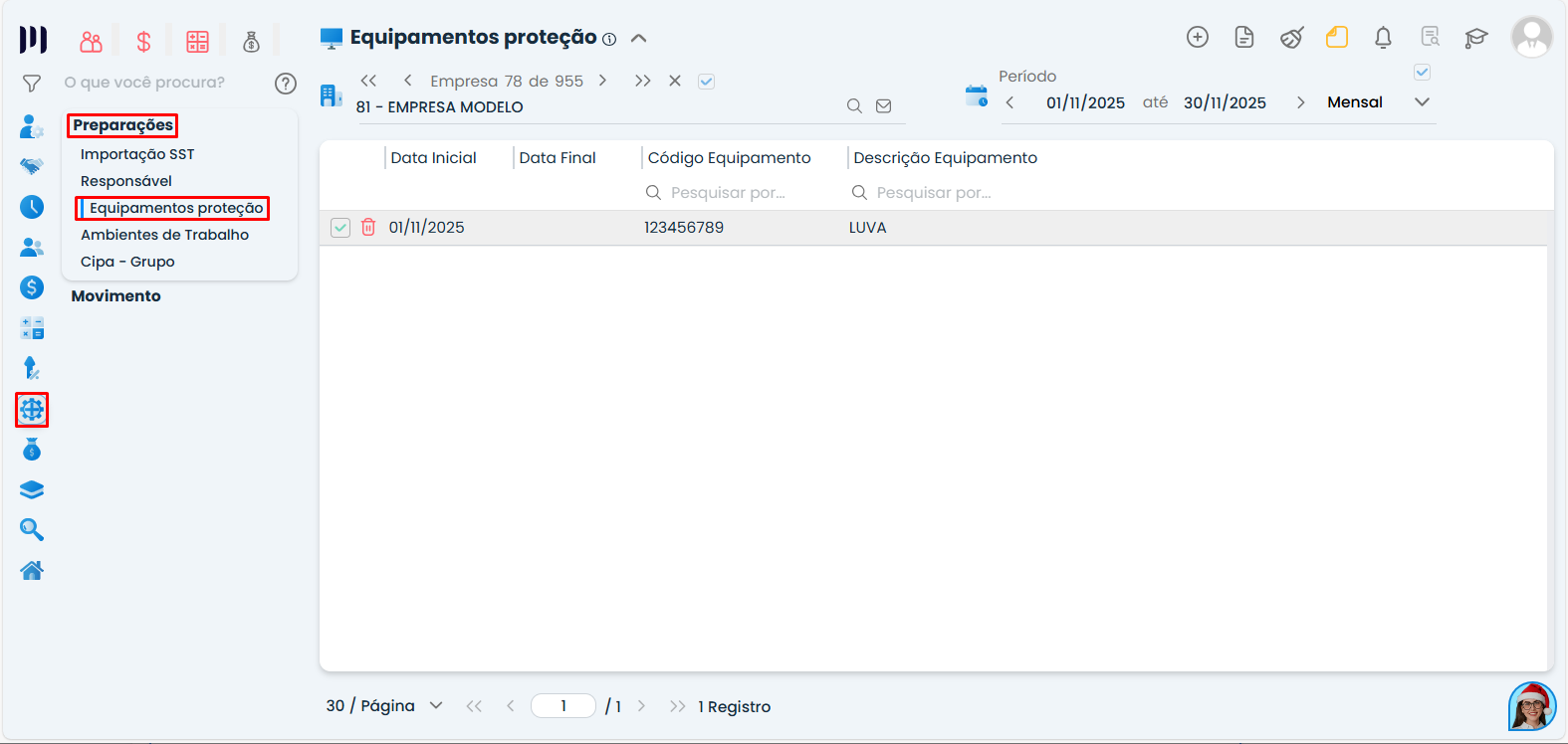 Tela do Sistema Contábil Makro exibindo o cadastro de EPIs no módulo SST, com código, data inicial e descrição do item, base do Relatório de Equipamento de Proteção.