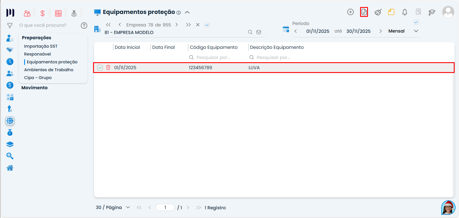 Interface do Sistema Contábil Makro mostrando a listagem de Equipamentos de Proteção cadastrados no SST, com filtro por período para o Relatório de Equipamento de Proteção.
