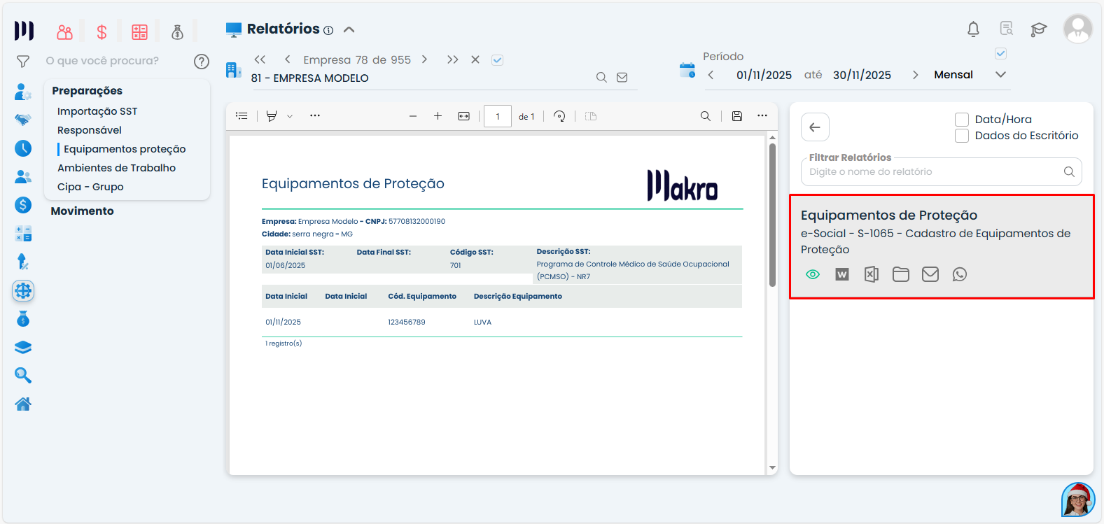 Tela do Sistema Contábil Makro exibindo a emissão do Relatório de Equipamento de Proteção no módulo SST, com dados do EPI, período e identificação da empresa.