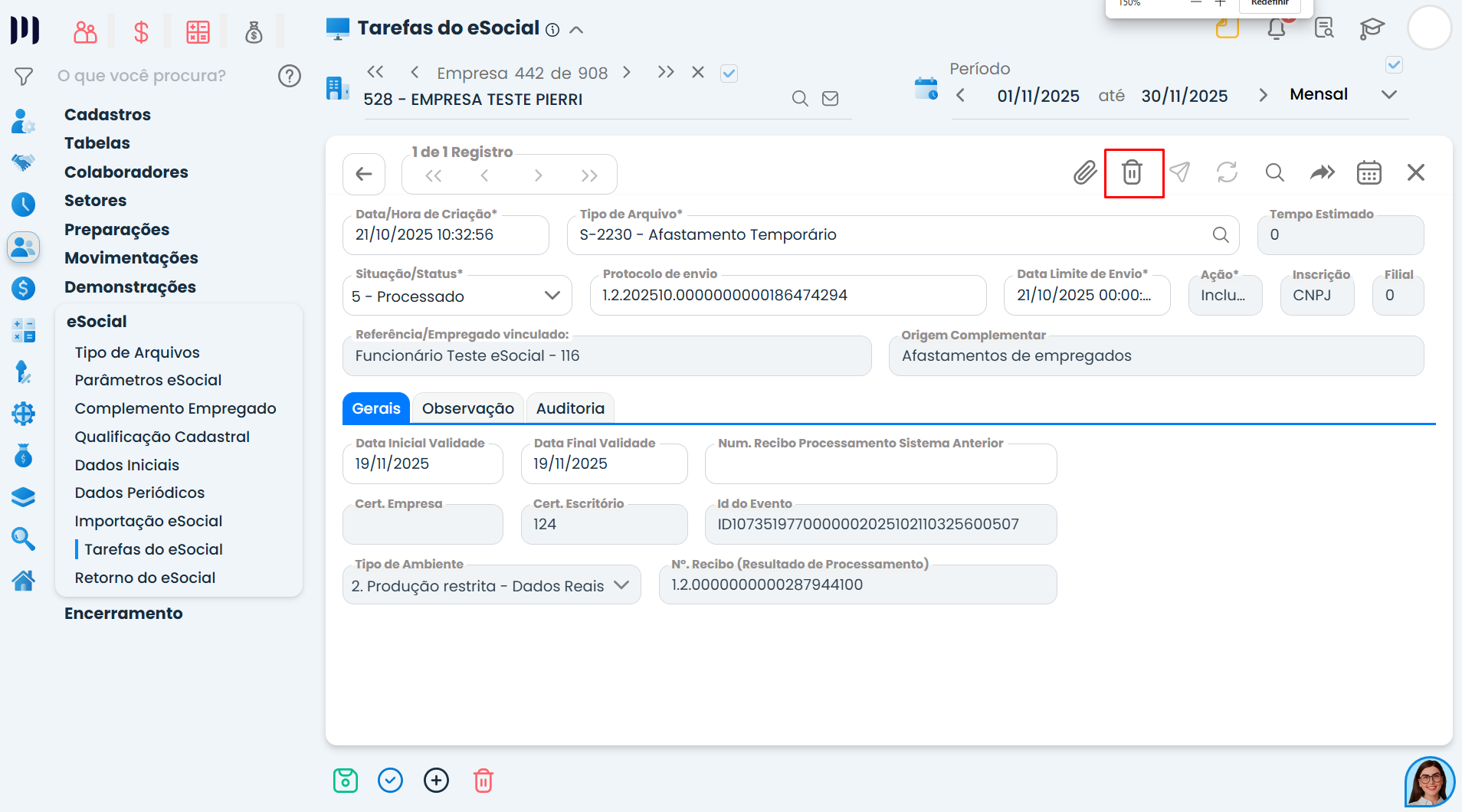 Tela de detalhes no Sistema Contábil Makro exibindo Evento Já Processado no eSocial com status Processado e ícone de exclusão destacado.