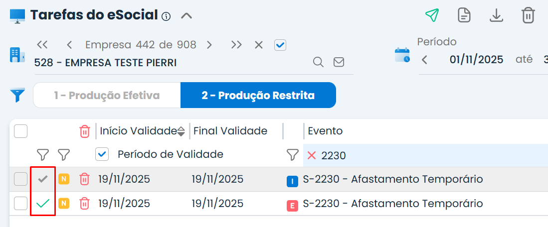 Lista no Sistema Contábil Makro com Evento Já Processado no eSocial exibindo status final e marcação de exclusão concluída.
