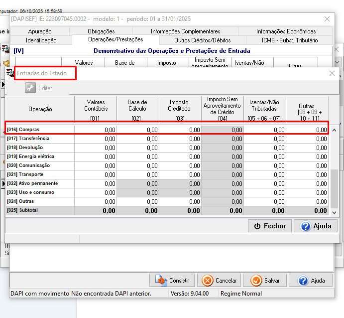 Tela do demonstrativo DAPI com destaque na linha 16 Compras e colunas zeradas, ilustrando o ERRO DAPI - (Linha 16) no Sistema Contábil Makro