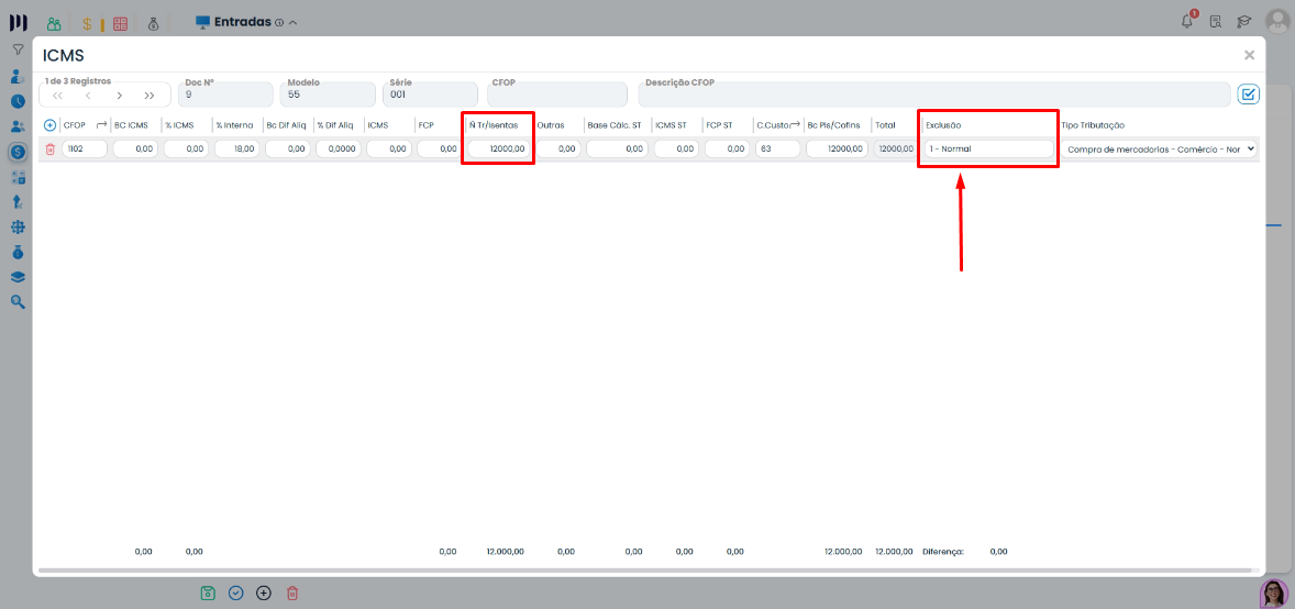 Tela de itens de ICMS com campo Exclusão marcado como Normal no Sistema Contábil Makro, causando ERRO DAPI - (Linha 16)