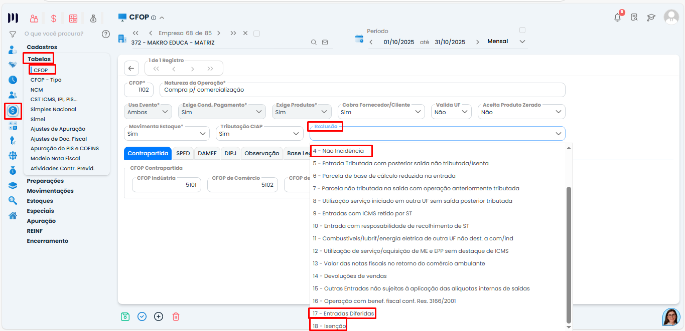 Cadastro de CFOP no Sistema Contábil Makro com campo Exclusão aberto para seleção, vinculado ao ERRO DAPI - (Linha 16)