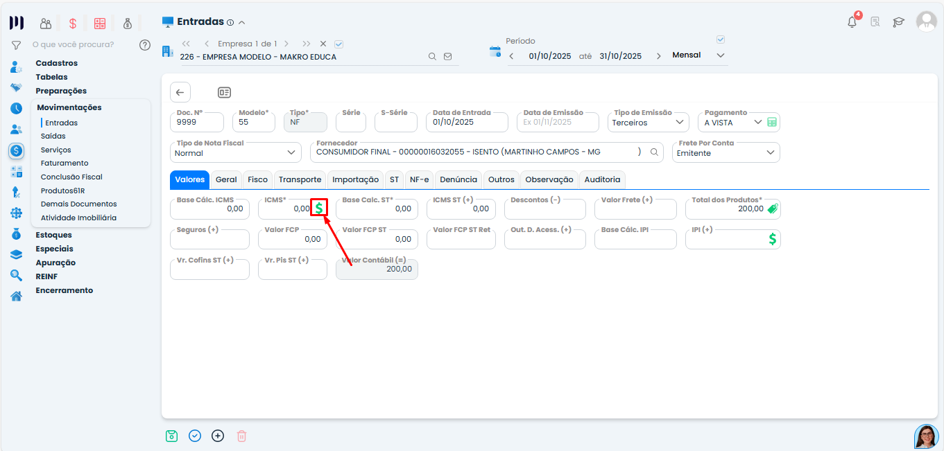 Tela de Entradas no Sistema Contábil Makro destacando campo Base Calc. ICMS para correção do ERRO DAPI na importação da declaração