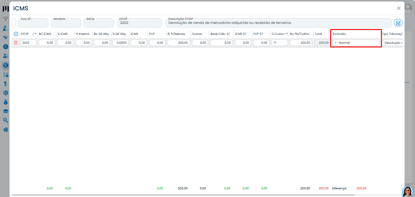 Tela de Itens de ICMS no Sistema Contábil Makro com campo Exclusão marcado como Normal, causando validação do ERRO DAPI