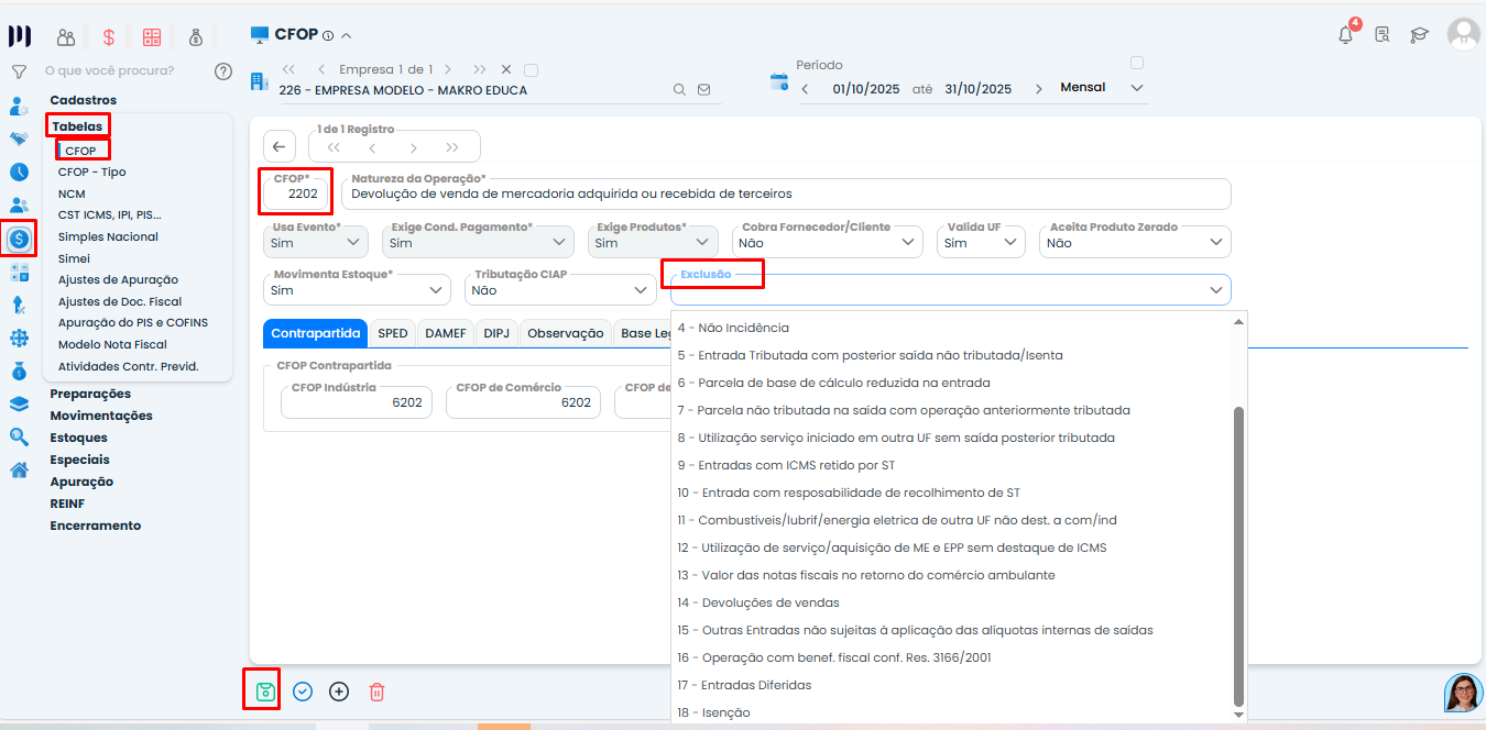 Cadastro de CFOP no Sistema Contábil Makro com opção Exclusão aberta para ajuste e correção do ERRO DAPI na apuração fiscal