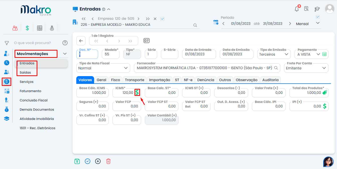 Tela de Movimentações de Entradas no Sistema Contábil Makro com destaque no campo ICMS, relacionada ao ERRO DAPI - (Linha 34)