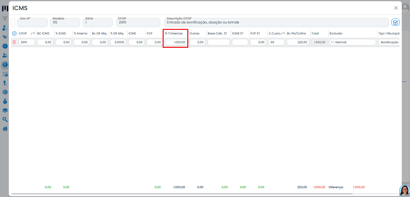Tela de Itens de ICMS no Sistema Contábil Makro com valor preenchido em Ñ Tr/Isentas, causando ERRO DAPI - (Linha 34)