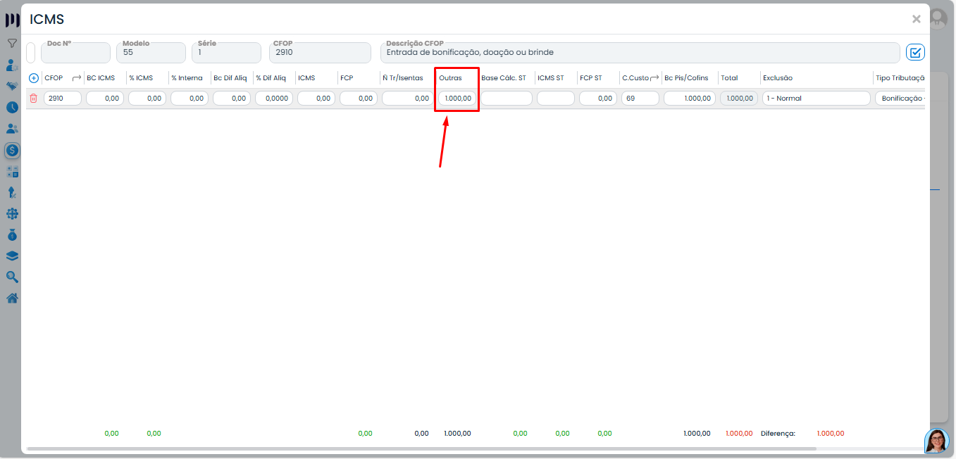 Tela de ICMS no Sistema Contábil Makro com valor corrigido no campo Outras para solucionar ERRO DAPI - (Linha 34)