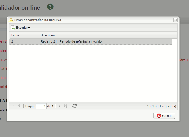 Tela do validador online exibindo Erro DIME SC Registro 21 com período de referência inválido no Sistema Contábil Makro.