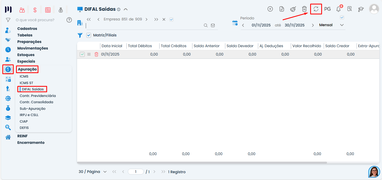 Tela de apuração DIFAL Saídas no Sistema Contábil Makro exibindo menu Fiscal > Apuração para ajuste do E300 SPED Fiscal.