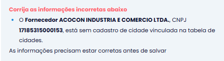 Aviso de erro na Geração do EFD Fiscal no Sistema Contábil Makro informando fornecedor sem cidade vinculada no cadastro fiscal.