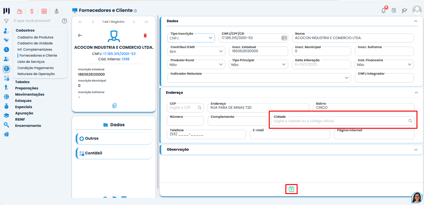 Cadastro de fornecedor no Sistema Contábil Makro com campo cidade em branco impedindo a Geração do EFD Fiscal corretamente.