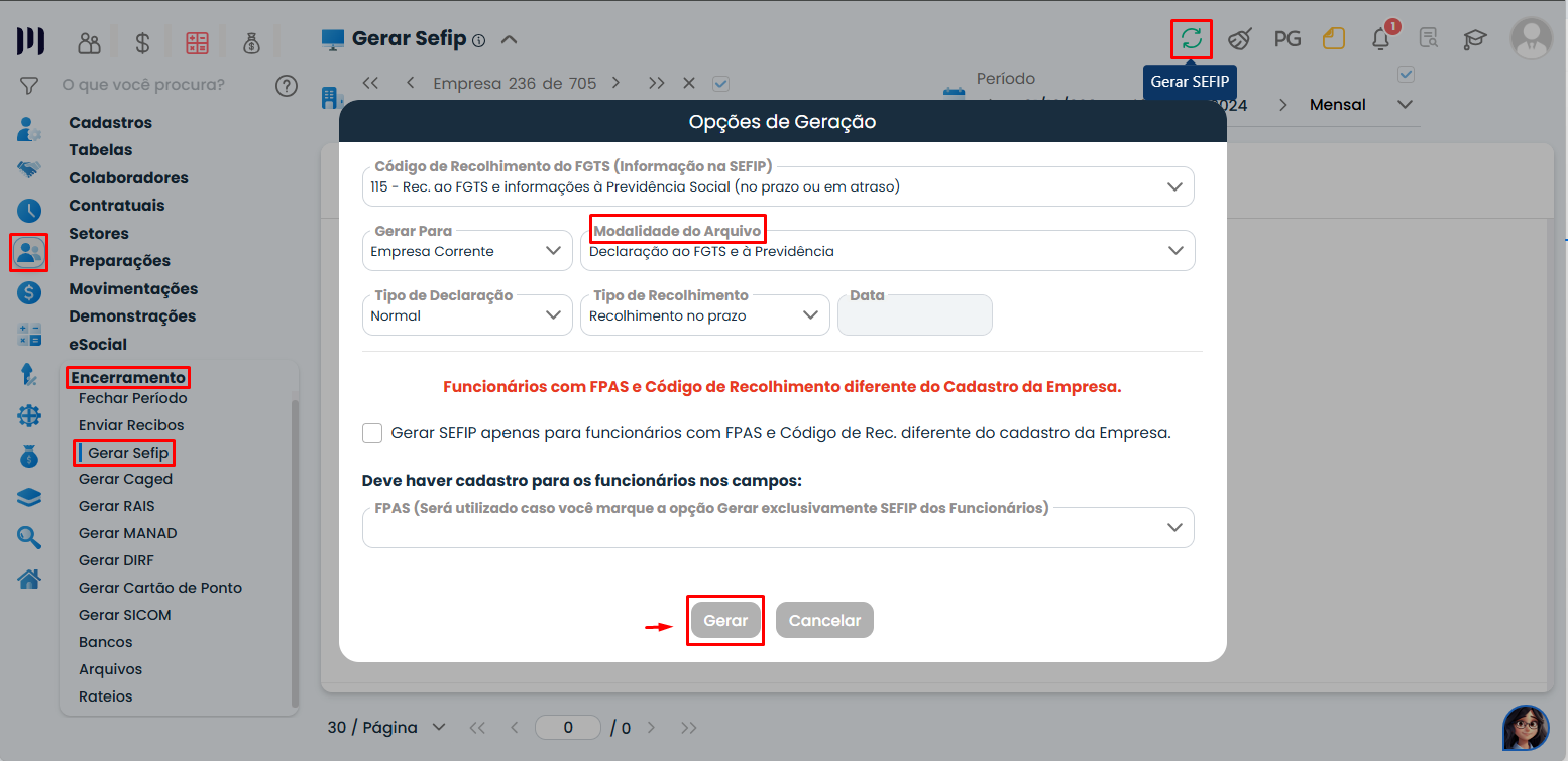 Tela de geração da SEFIP 100134 no Sistema Contábil Makro, destacando a modalidade "Declaração ao FGTS e à Previdência" para empresas sem empregados com FGTS.