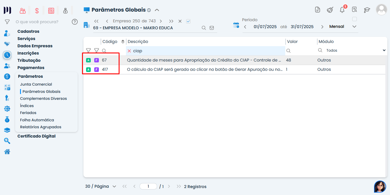 Tela de Parâmetros Globais 67 e 417 no Sistema Contábil Makro para configuração inicial da Geração do CIAP com controle de crédito.