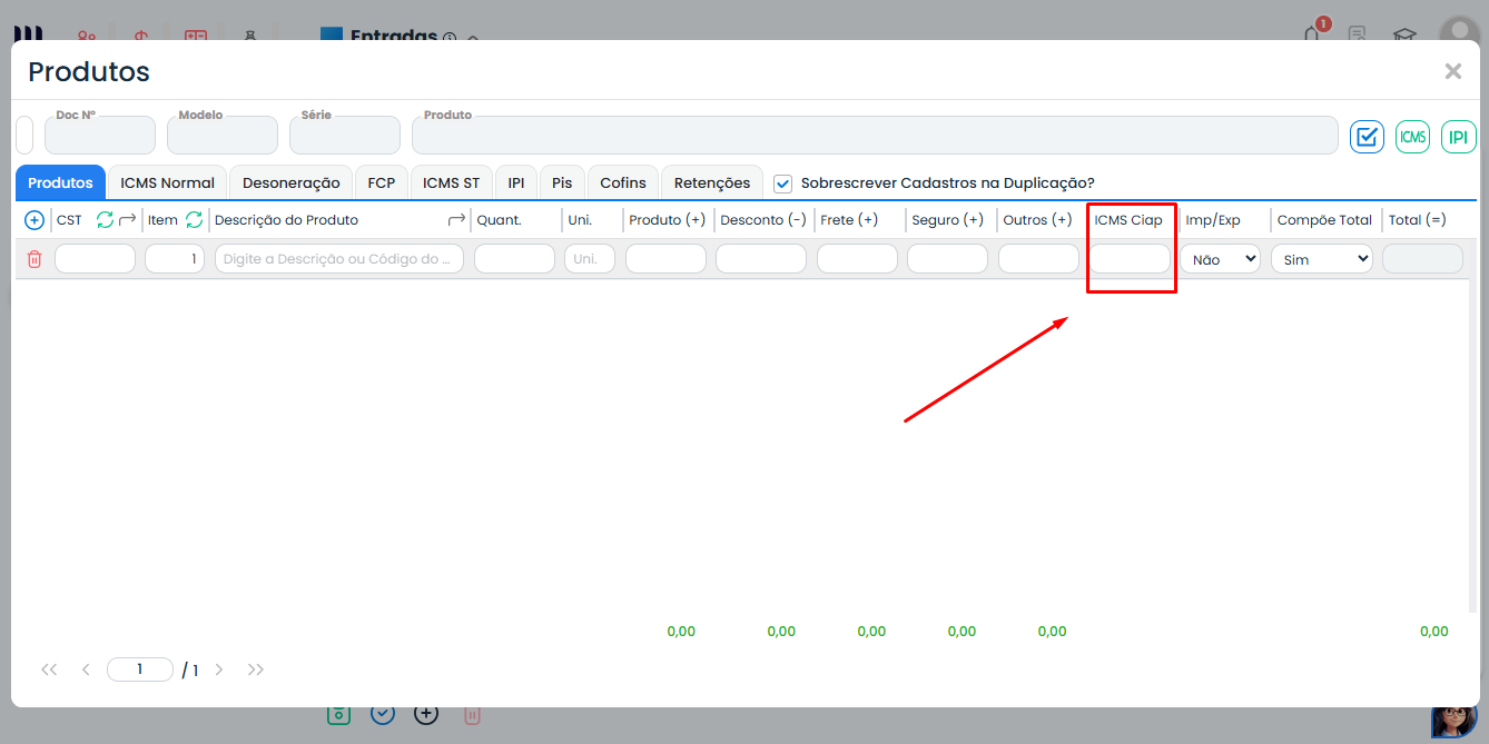 Campo ICMS CIAP na aba Produtos do módulo Fiscal no Sistema Contábil Makro, utilizado na Geração do CIAP em notas de entrada.