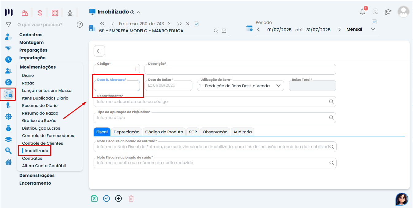 Tela de cadastro do Imobilizado no Sistema Contábil Makro com destaque para data de abertura vinculada à Geração do CIAP.