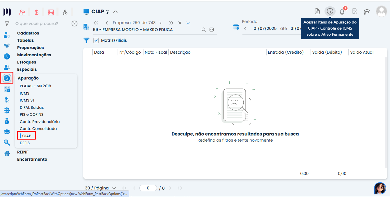 Tela do livro CIAP no módulo Fiscal do Sistema Contábil Makro após processamento automático da Geração do CIAP.
