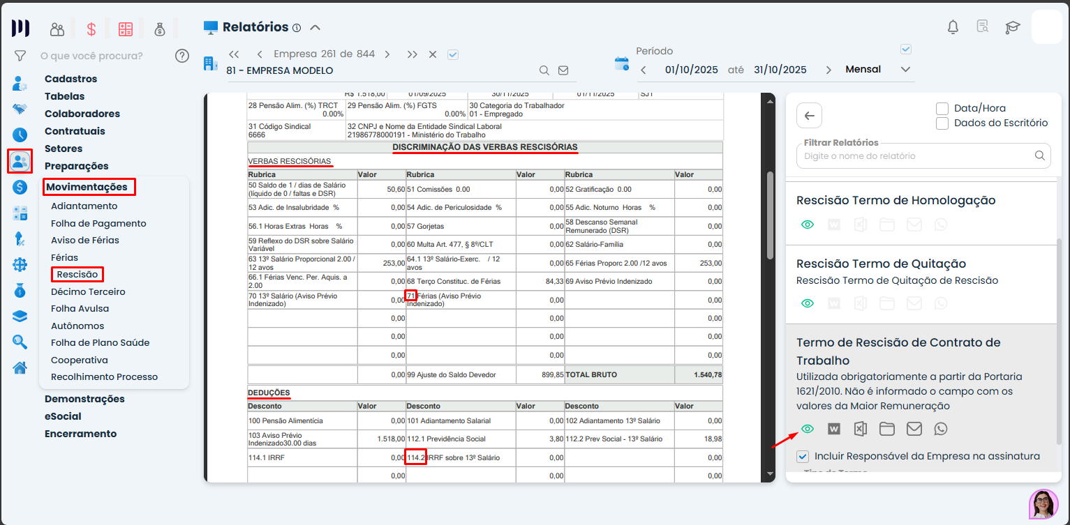 Tela de relatórios do Sistema Contábil Makro exibindo a discriminação de verbas rescisórias no TRCT com destaque para códigos e valores.