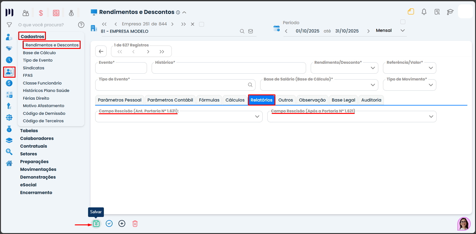 Aba Relatórios no cadastro de eventos do Sistema Contábil Makro com campos de configuração para exibição no TRCT.