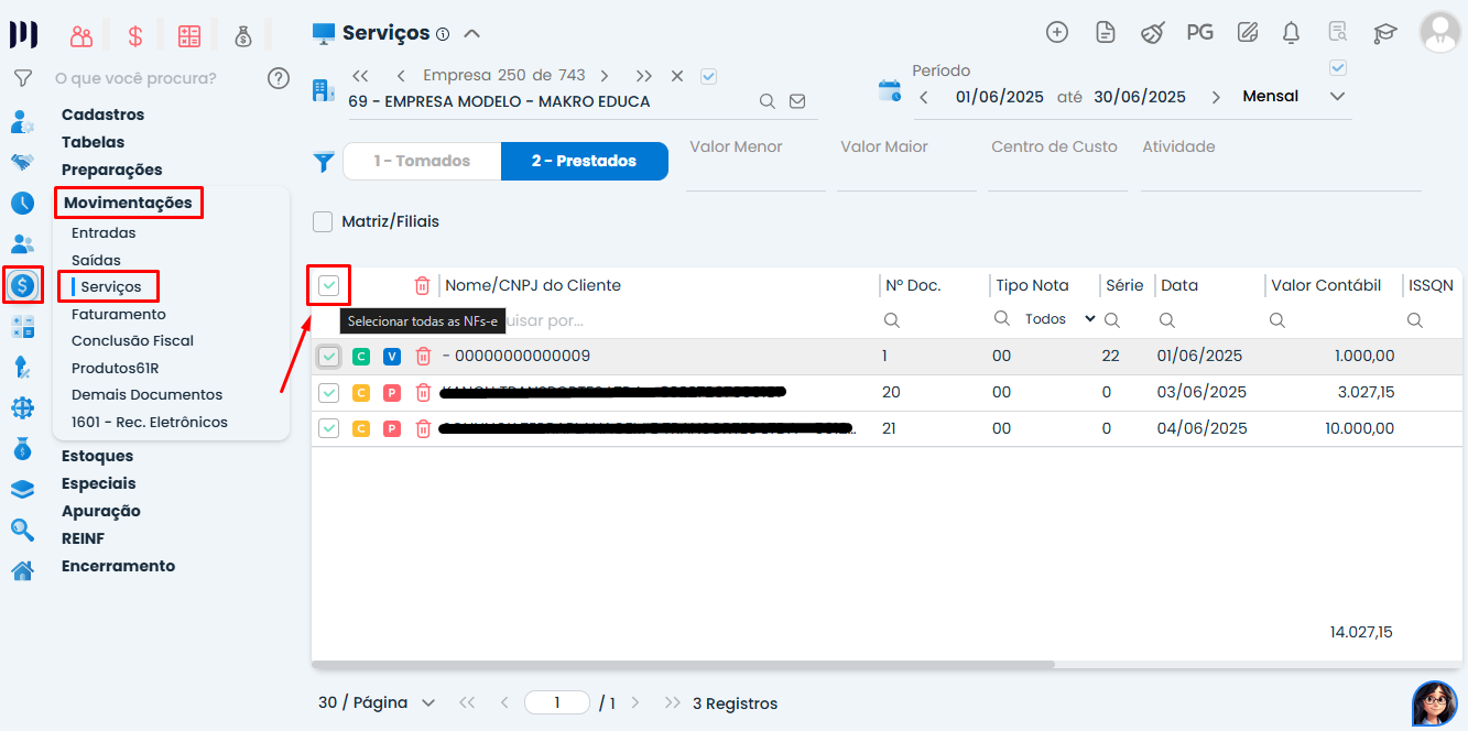 Tela do Sistema Contábil Makro em Notas Fiscais de Serviços com menu Fiscal aberto e opção Movimentações > Serviços destacada para seleção.