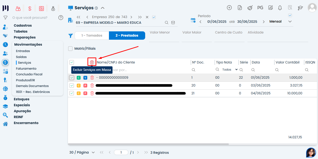 Painel do Sistema Contábil Makro exibindo Notas Fiscais de Serviços com opção Selecionar todas as NF-e marcada para exclusão em massa.