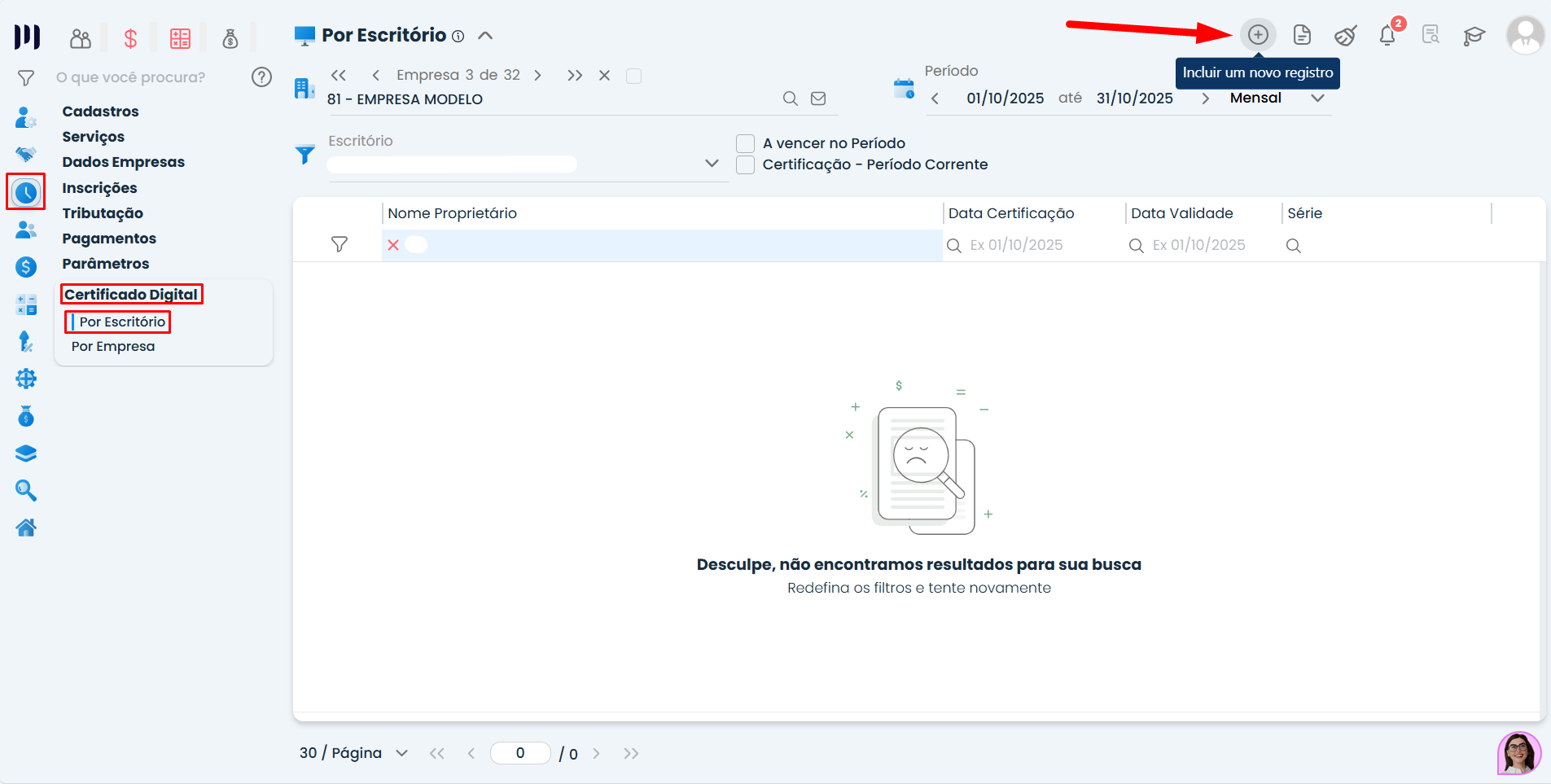 Tela de Certificado Digital no Sistema Contábil Makro com opção Incluir novo registro destacada para corrigir Falha na geração evento S-2200.