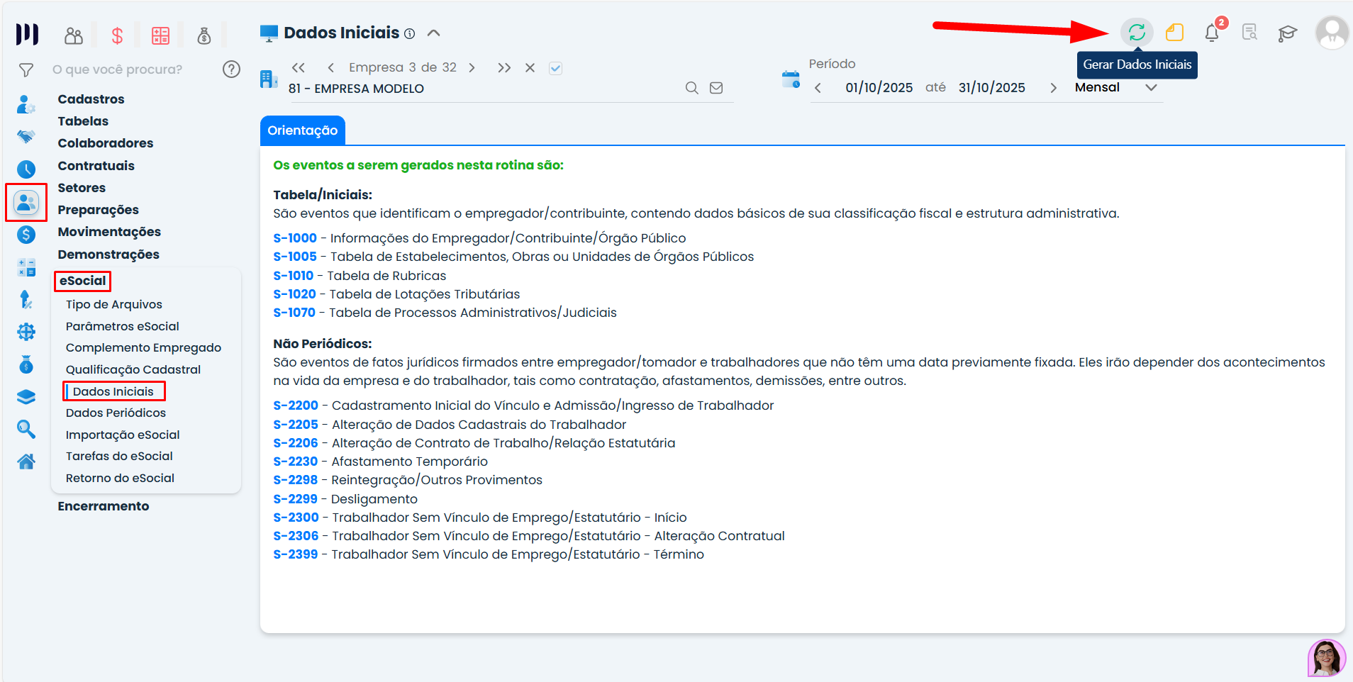Tela de Dados Iniciais do eSocial no Sistema Contábil Makro com botão Gerar Dados Iniciais para corrigir Falha na geração evento S-2200.